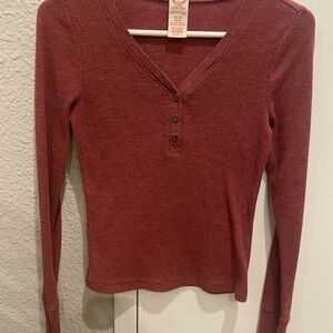 Faded Glory V-Neck Long Sleeve Henley - Red